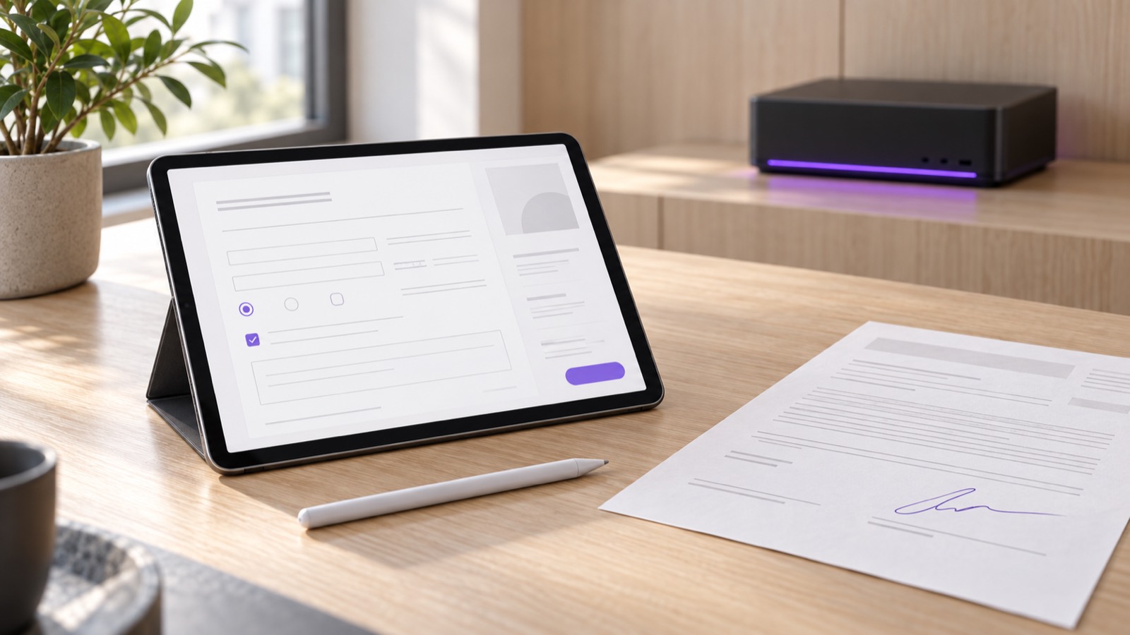 PDF Editor and Office Files in AiServa, on a pale oak desk beside a graphite server