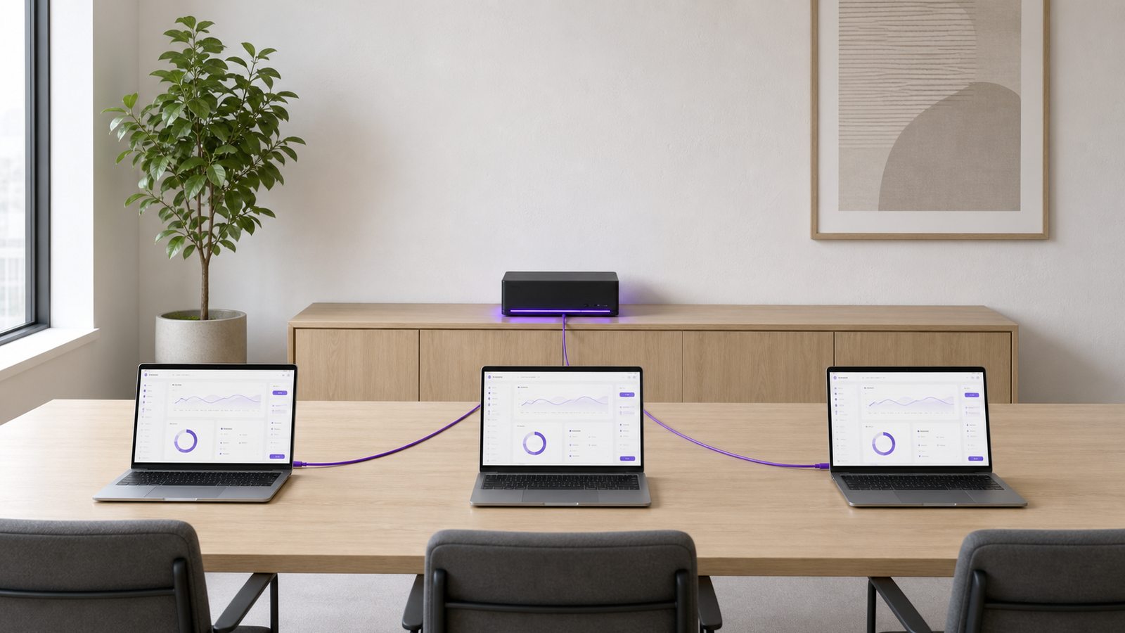 Teamwork and Automation in AiServa, on a pale oak desk beside a graphite server